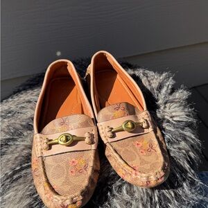 Coach Tan Floral Signature Turn Lock Loafers